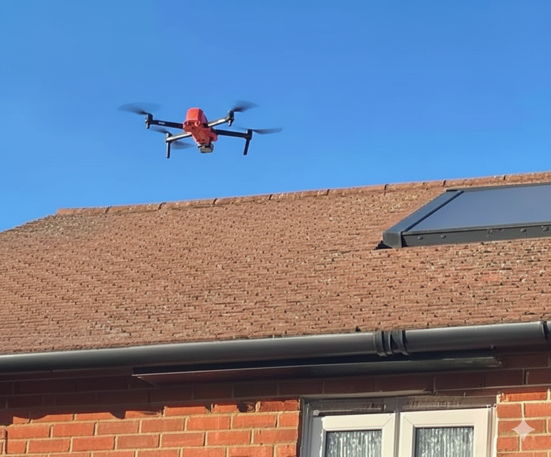 Red drone flying above residential roof