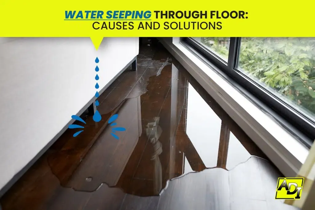 Water puddle on wooden floor near window