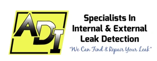 ADI&rsquo;s 2011 logo: a chrome ADI monogram on a yellow square, with the words Specialists In Internal and External Leak Detection and the line We Can Find and Repair Your Leak