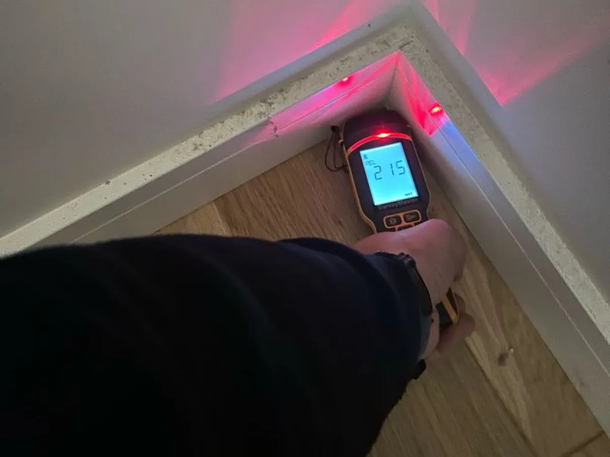 damp meter reading of 215 held against skirting board corner during leak detection survey