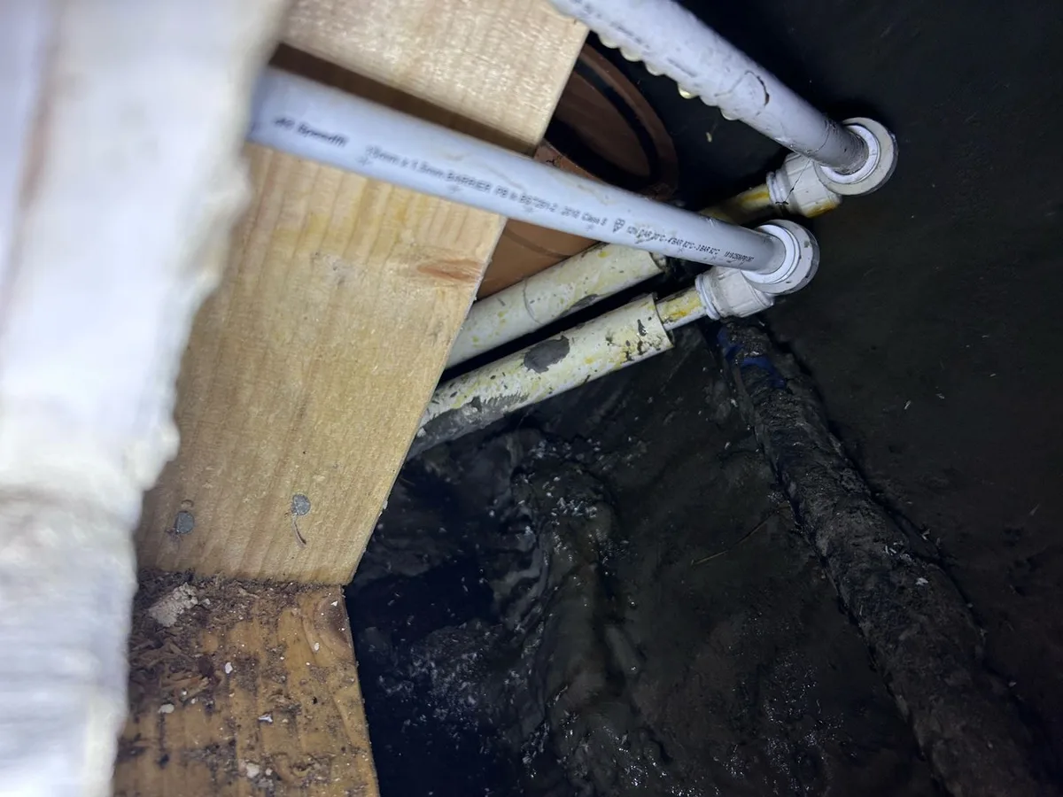 fault exposed at saturated plastic pipework and timber joist inside wall void