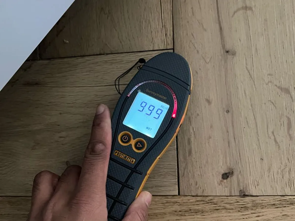 moisture meter reading 9.99 on laminate floor during leak detection survey