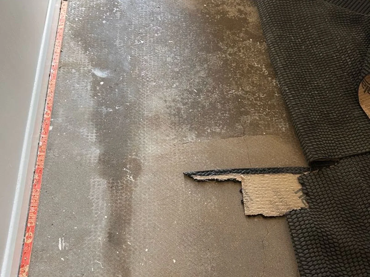 significantly wet underlay and screed exposed in entrance hall after carpet lifted, leak found at floor level