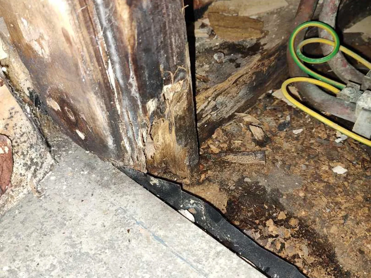 fault exposed at severely rotted wooden floor frame and bath panel in en suite bathroom