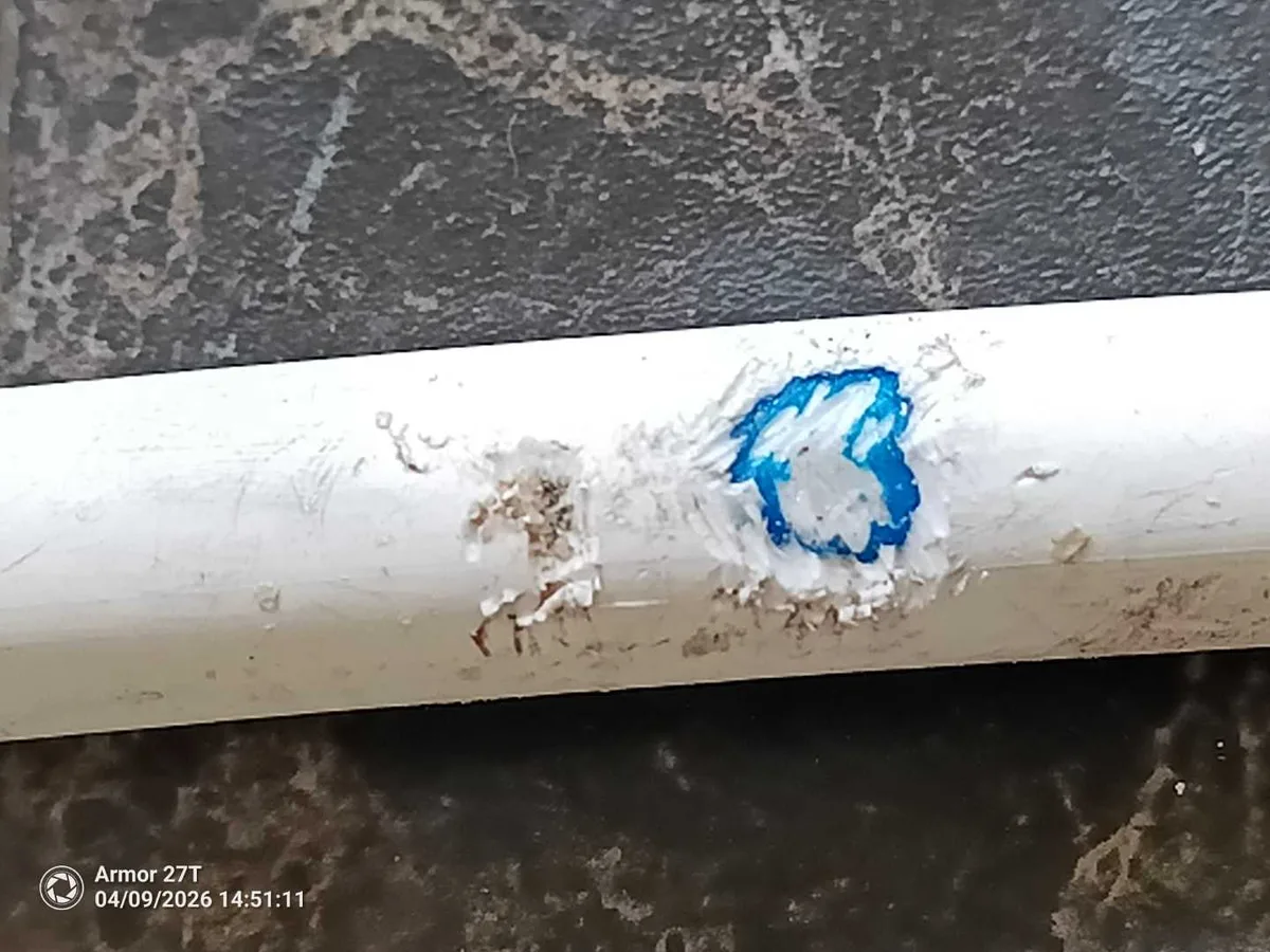 leak located at rat-damaged pipe with scratch marks visible inside exposed brick wall