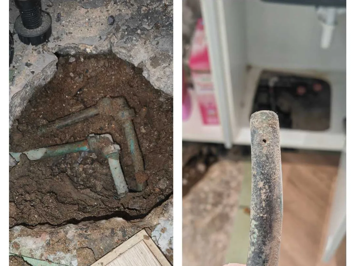 leak located at corroded compression elbow and pinhole copper pipe exposed beneath kitchen screed floor