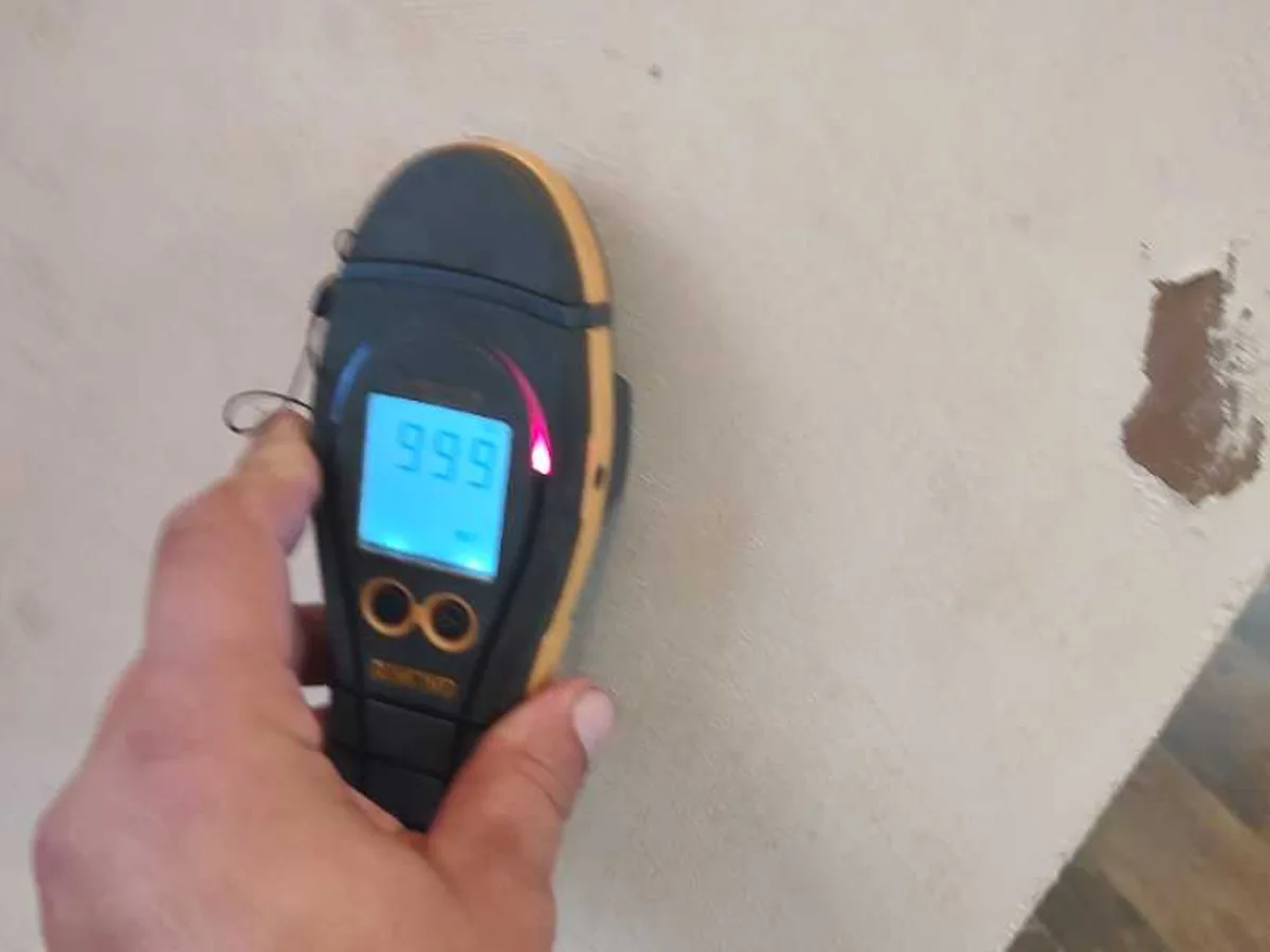 moisture meter reading 99.9 on lobby wall during leak detection survey