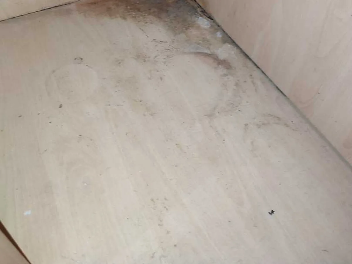 saturated and mould-stained base of corner kitchen cupboard before leak detection works