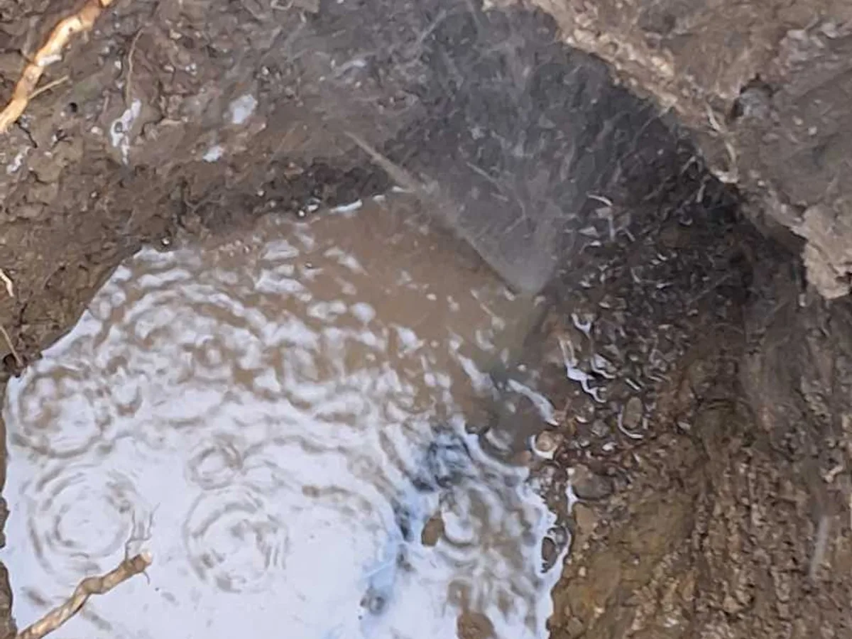 leak located at flooded excavation pit exposing damaged 28mm alkathine cold mains pipe