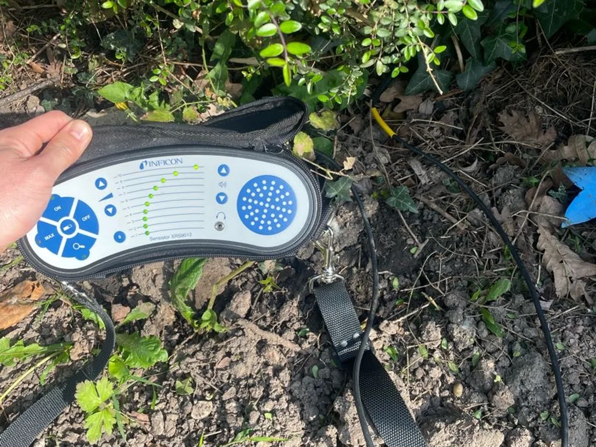 electronic gas detector held at hedge base while testing during leak detection