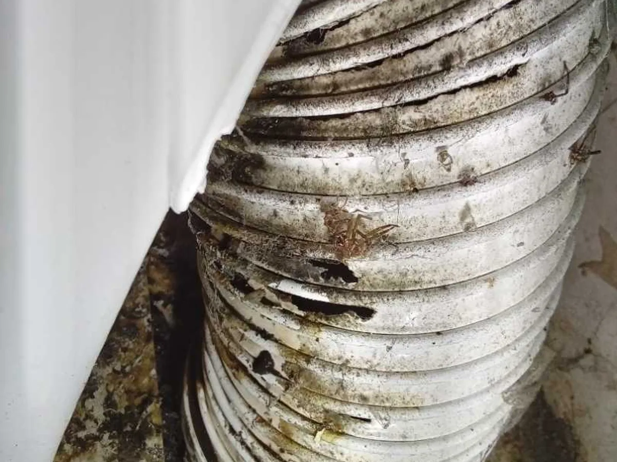 leak located at severely perished and split flexible pan connector behind toilet panel