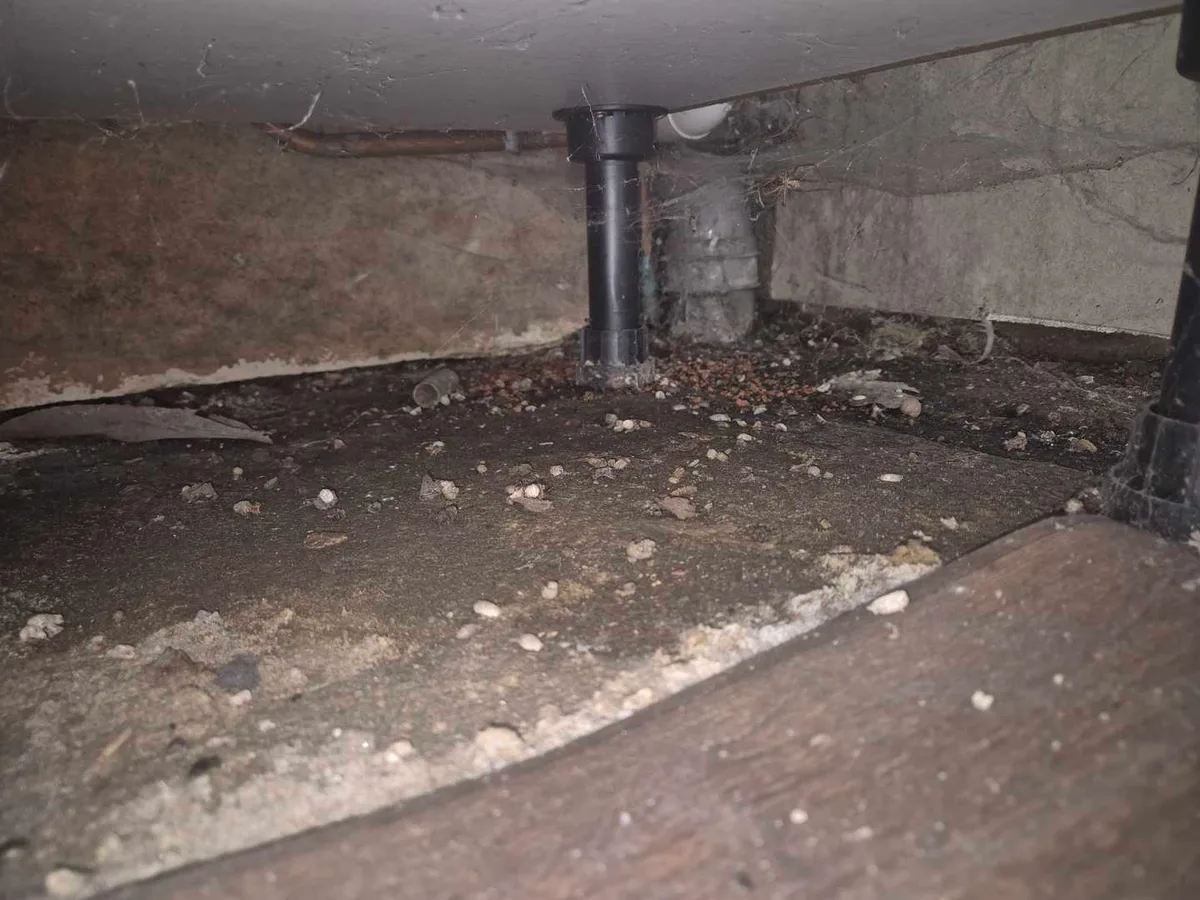 dark damp soil floor beneath garage plinth showing moisture accumulation before leak detection works
