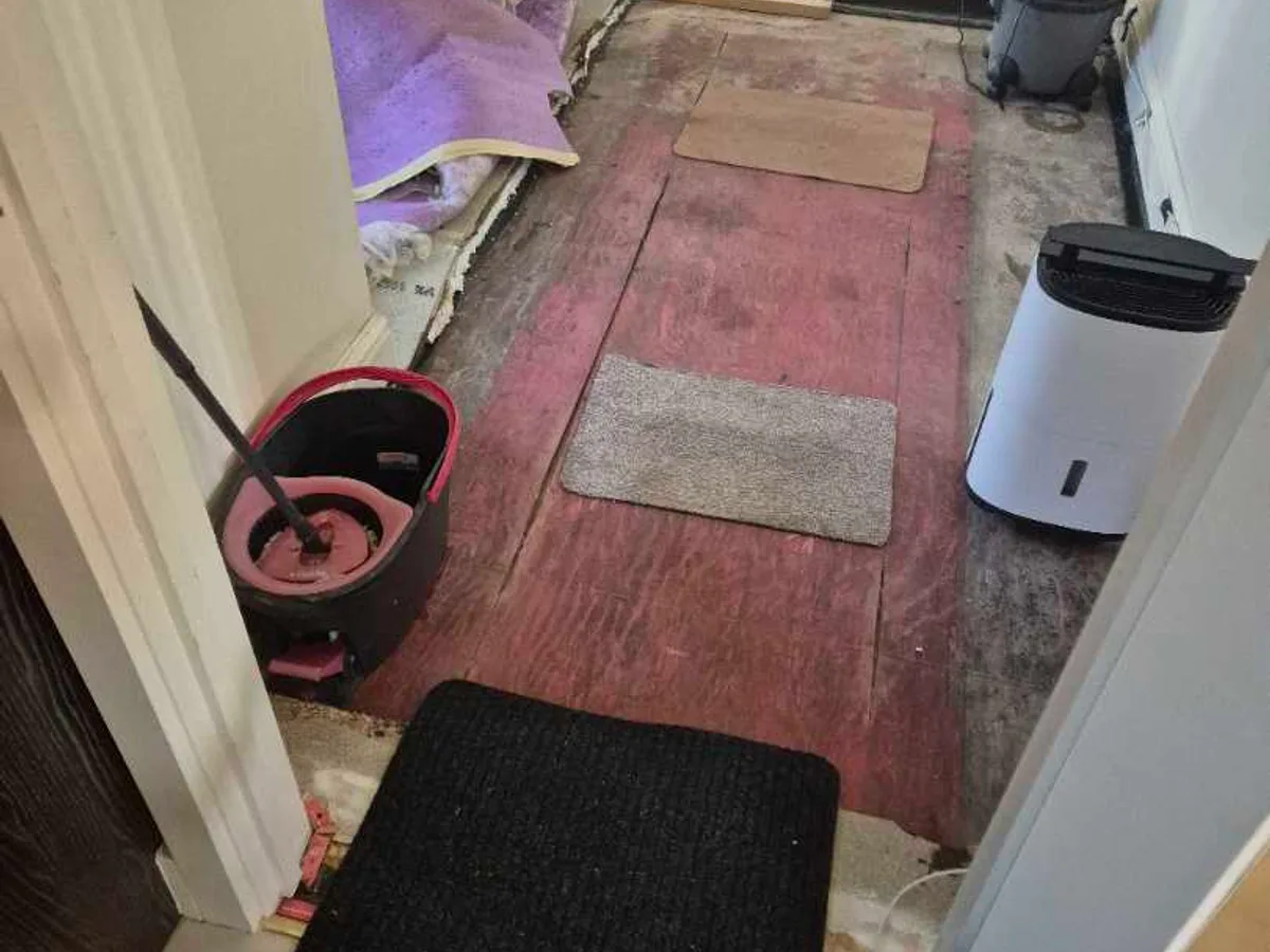 hallway floor covering removed due to water damage before leak detection works