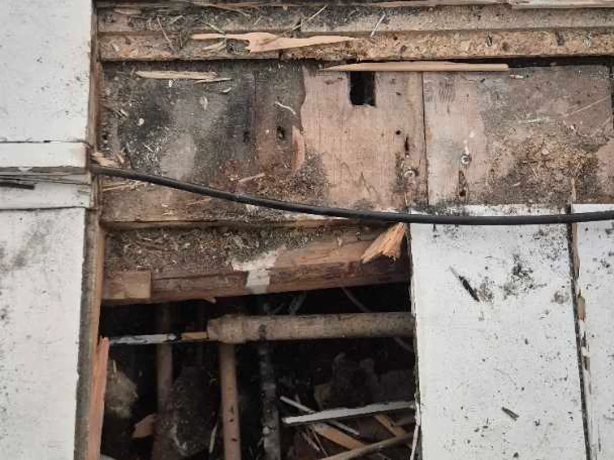 fault exposed at saturated sub-floor void after floorboards lifted between kitchen and dining room