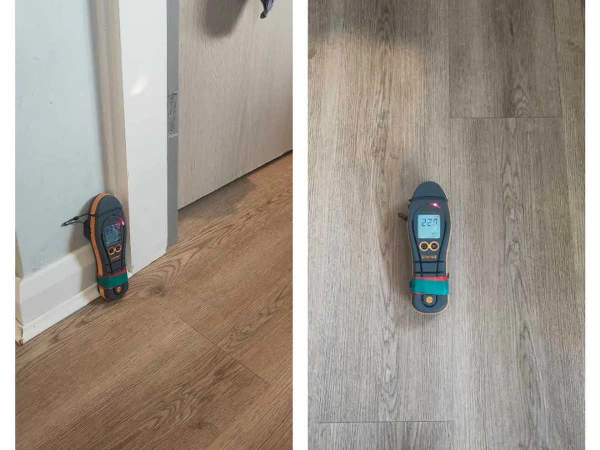 moisture meter readings taken on kitchen floor vinyl during leak detection