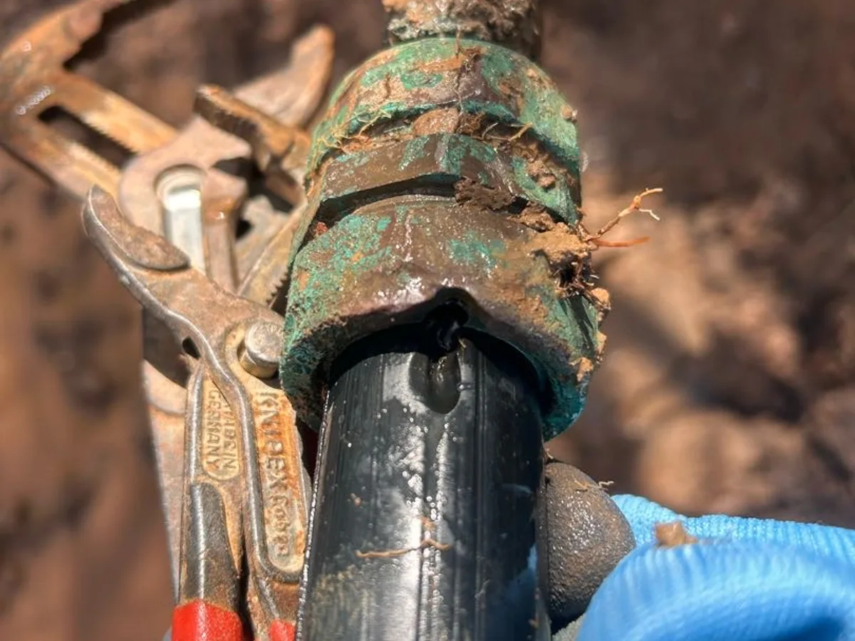 leak exposed at heavily corroded brass fitting on old black alkathine underground mains pipe — leak located at