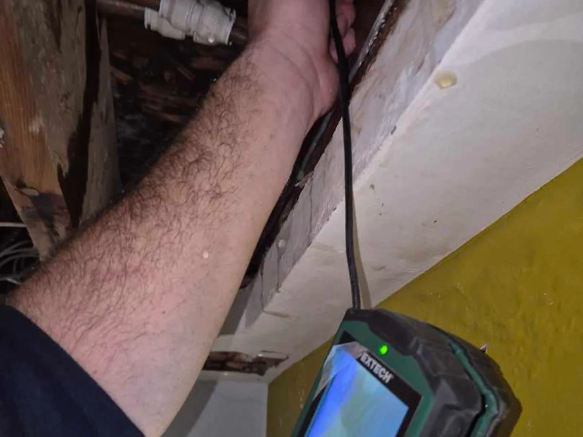 endoscope camera inserted into ceiling cavity to inspect pipework during leak detection