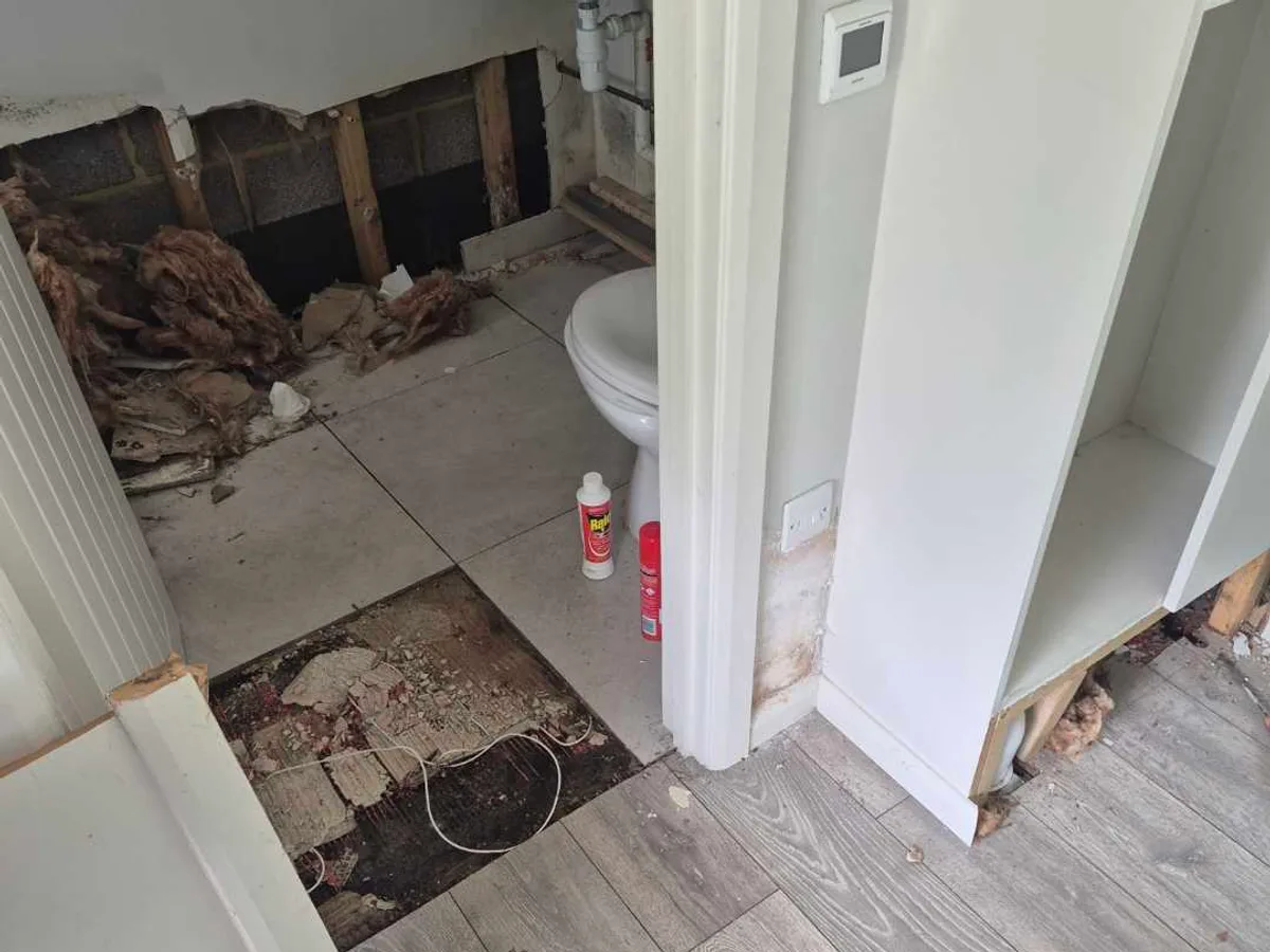 bathroom with stripped walls and water-damaged floor void at initial inspection before works