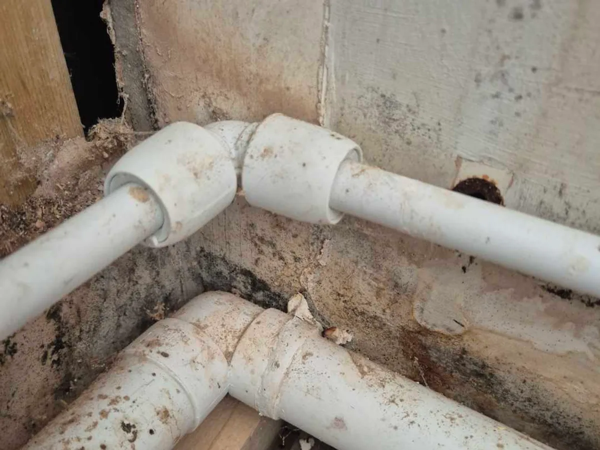 leak located at failed 15mm pushfit elbow exposed inside WC boxing with mould-stained surrounding wall